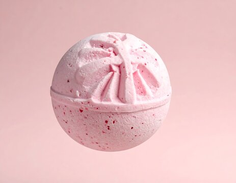 A floating pink bath bomb with a palm tree design against a pink background - Powered by Adobe