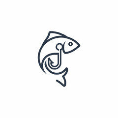 Minimalist line art icon of a fish and fishing hook.