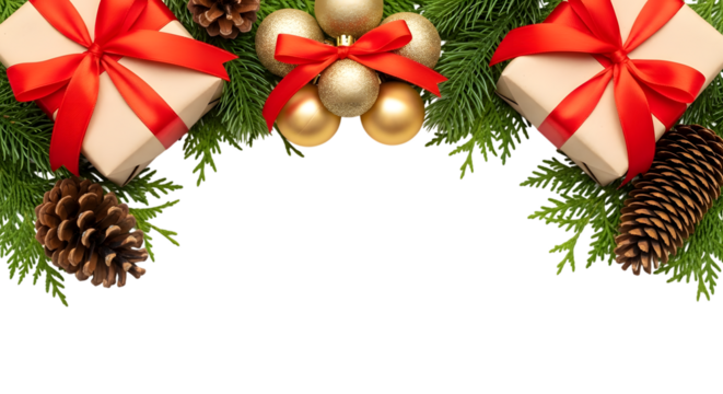 Christmas gift boxes with red ribbons, pine branches, pine cones, and golden baubles isolated on transparent background