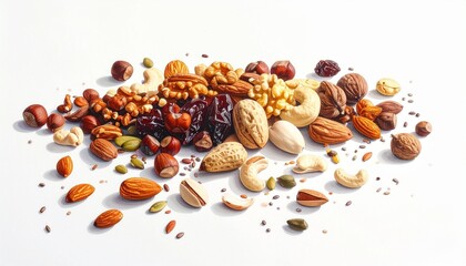 Mixed nuts and dried fruits scattered with wholesome energy plain white background