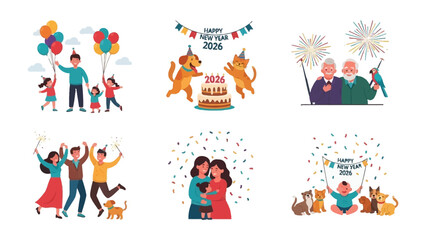 New Year's Celebration: Colorful illustrations capture the joy of welcoming the new year, featuring families, pets, and festive decorations, offering a warm sense of unity and togetherness.