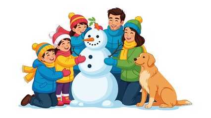 Winter Wonderland: A Warm Family Creating a Snowman:  In a scene of winter, a family of five along with their dog enjoys constructing a snowman.