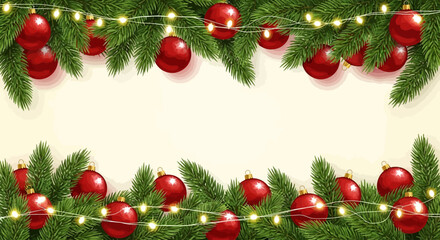 Festive Christmas frame adorned with fir branches, red baubles, and glowing string lights, perfect for holiday greetings and seasonal design projects.