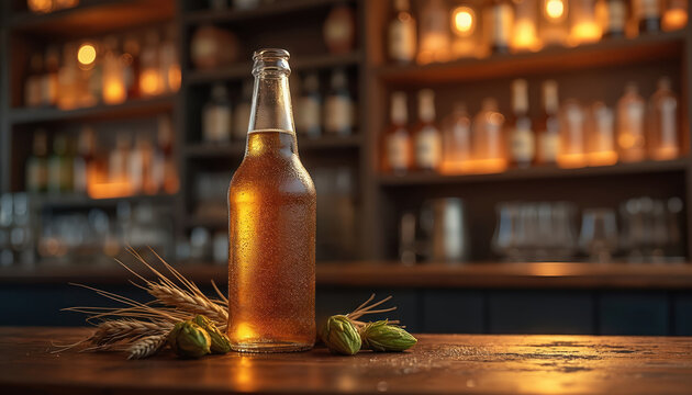 Chilled beer bottle on wooden bar table with barley and hops. Alcohol beverage at pub or bar. Food and drinks concept. Alcoholism and beer party.