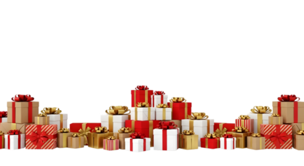 A large collection of festive red and gold gift boxes with ribbons, isolated on transparent background