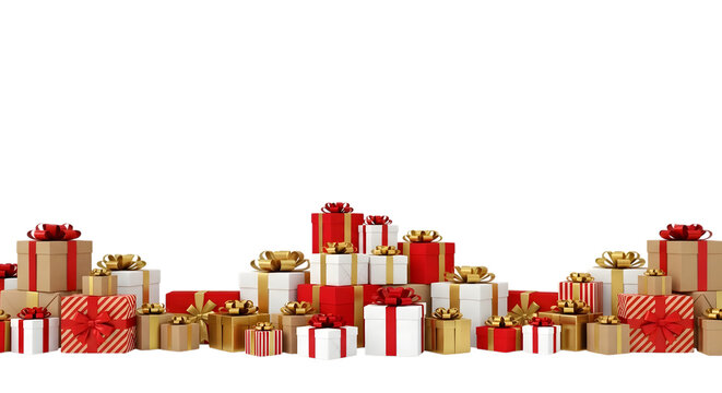 A large collection of festive red and gold gift boxes with ribbons, isolated on transparent background