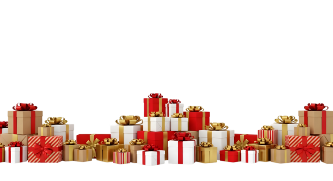 A large collection of festive red and gold gift boxes with ribbons, isolated on transparent background