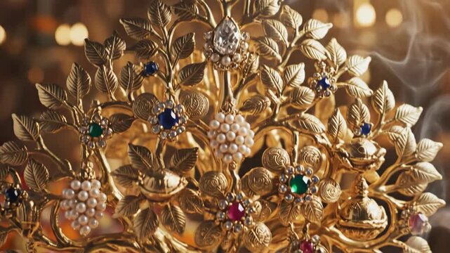 Golden Kalpavriksha Tree Adorned with Jewels and Flowers, Symbolizing Prosperity and Wishes.
