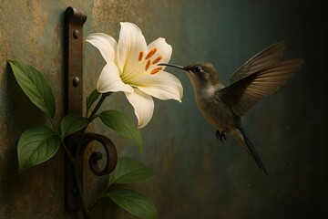 Obraz premium Close-Up of a Hummingbird Hovering by a White Lily Flower on a Rustic Wall
