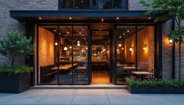 Modern restaurant with large glass windows, brick wall. Inside shows warm lit bar, dining area. Outdoor patio seating with plants. Urban city building facade at dusk for eating, drink business.