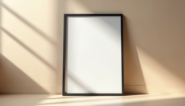 Blank black framed poster leans against pastel wall. Sunlight casts diagonal shadows across surface. Minimalist interior mockup provides empty space for art or text. Clean design for advertisements.