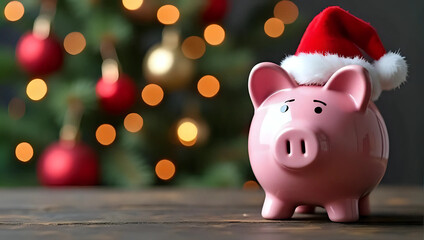 A pink piggy bank wearing santa hat, decorated christmas tree, copy space - holiday shopping, sale, promotion, celebration, savings, budget, investment, business growth, future financial planning 