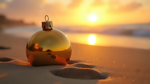 A gold bauble, golden ball decoration, christmas tree ornament on sandy beach, ocean beach sunset - summer tropical, holiday vacation, winter, christmas celebration