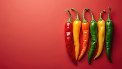 Several colorful chili peppers are lined up on a red background. They are red, yellow, orange, and green. The vegetables look fresh and raw. This image can be used for food and cooking themes.