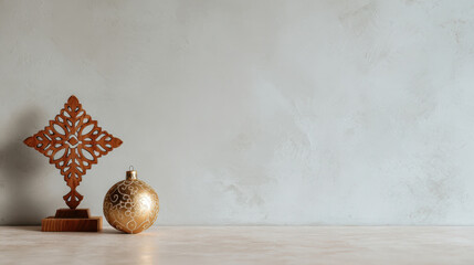wooden christmas cross adorned with golden decorations is displayed against clean white background