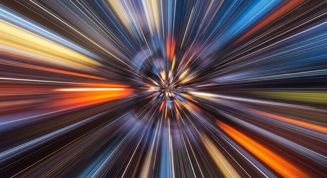Abstract zoom effect with colorful light trails creating a dynamic motion