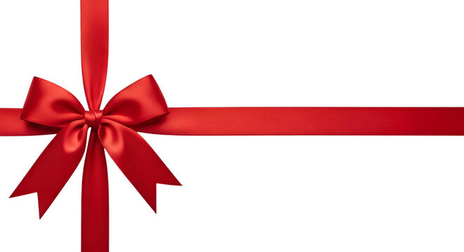 A classic red satin ribbon tied in a bow, forming a cross shape, isolated on a transparent background for gift wrapping - Powered by Adobe