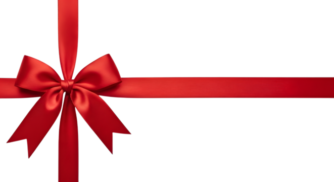 A classic red satin ribbon tied in a bow, forming a cross shape, isolated on a transparent background for gift wrapping