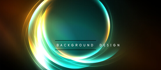 Abstract circular design. Vibrant teal, gold, orange hues blend. Dark background emphasizes glowing layers, creating dynamic visual effect. Text reads background design.