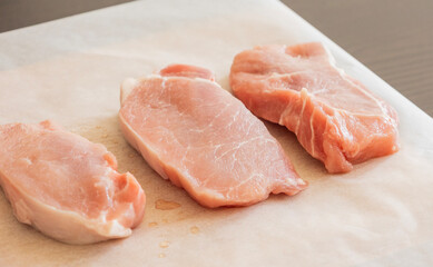 fresh raw pork chops on white parchment paper