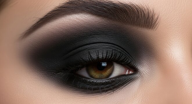 Close-up of female eye with dramatic smokey eye makeup in black tones