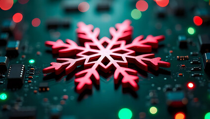 A red snowflake ornament on green computer circuit board, microchips, glowing green bokeh lights -holiday Christmas, digital technology
