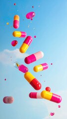 Capsules float against blue, cloudy sky