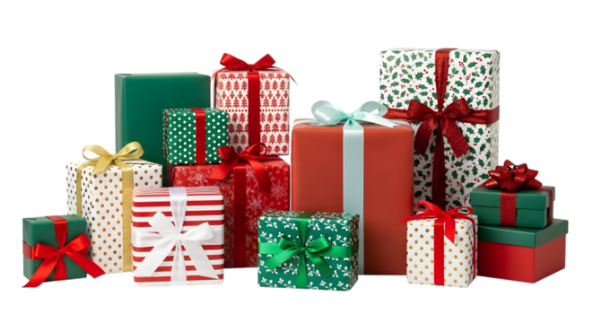 Assortment of christmas gift boxes in various sizes and patterns, isolated on transparent background