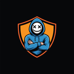 Hacker Mascot Logo, Creepy Masked Figure in Hoodie Esports Logo, Smiling Masked Figure with Crossed Eyes Shield Emblem, Hooded Figure with Arms Crossed Mascot, illustration, logo