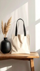 Tote bag near vase on wooden table