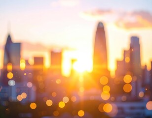 Bokeh cityscape bathed in golden light