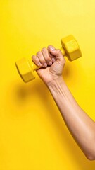 Hand holds yellow dumbbell overhead