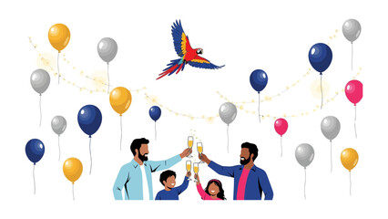 Celebration Toast with Parrot and Balloons: A heartwarming scene unfolds as a family, joined by a vibrant parrot, raises their glasses in a joyous toast amidst a cascade of colorful balloons.