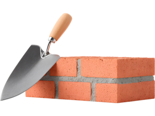 Red construction brick with trowel and mortar isolated on transparent background, perfect for building and repair design visuals..