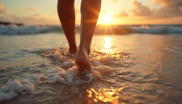 Legs walk on sea shore waves. Bare feet touch water near ocean beach sand at golden sunset. Person enjoys summer vacation, strolls in calm sea.
