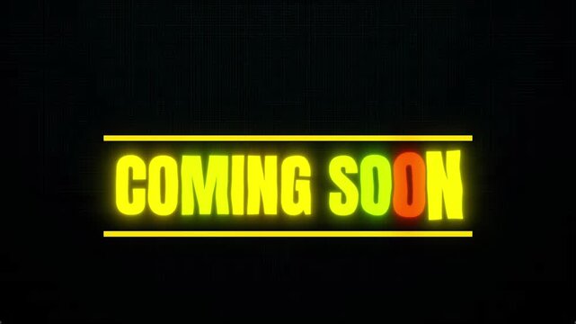 Modern Coming Soon glowing text on a black background, a vibrant banner for future product launches and marketing announcements 4K Motion Animations
