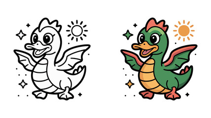 Naklejka premium Playful cartoon baby dragon character in outline drawing for coloring, alongside a vibrant, fully colored illustration, perfect for kids' art.