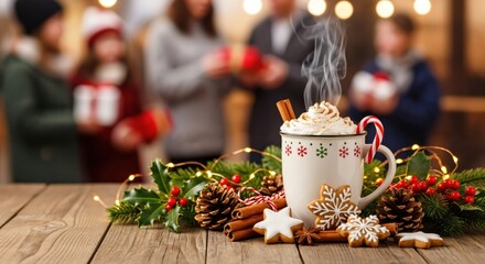 Steaming hot chocolate mug with whipped cream, candy cane, and gingerbread cookies on a rustic wooden table, surrounded by festive Christmas decorations, with a blurry family exchanging gifts.