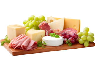 Charcuterie board with assorted cheese, meat, and grapes isolated on transparent background, perfect for gourmet and food design visuals.