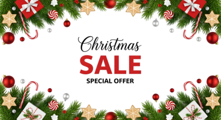 Christmas sale banner with festive decorations including pine branches, ornaments, candy canes, and stars isolated on transparent background