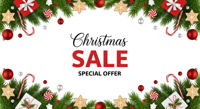 Christmas sale banner with festive decorations including pine branches, ornaments, candy canes, and stars isolated on transparent background