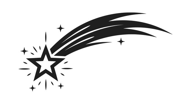 Stylized silhouette of a shooting star with a bright tail and sparkling stars against a white background