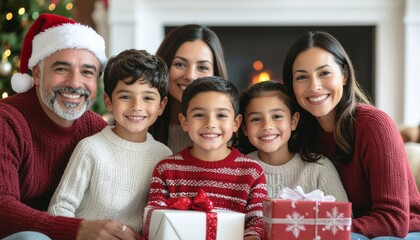 Festive family joyfully celebrates Christmas together near the fireplace, exchanging gifts and creating treasured memories this holiday season