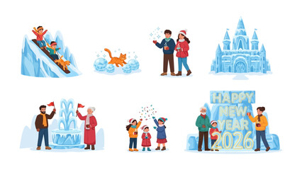 Winter Wonderland Festivities: A collection of vibrant illustrations showcasing the joyful spirit of winter, capturing scenes of family fun and frosty celebrations. 