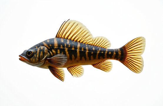 An isolated photo of a vibrant Hypostomus plecostomus fish. It has a striking pattern with stripes. This aquatic creature is set against a clean white backdrop.