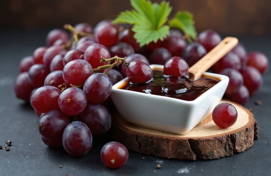 Fresh red grapes and dark grape molasses in white bowl. Wooden spoon dips into sweet thick sirup with whole fruits nearby. Natural healthy food on dark background.