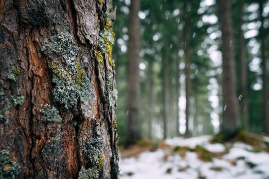 Close-up of a weathered pine tree trunk in a snowy forest.  Blurred background of evergreen trees.  Light dusting of snow
