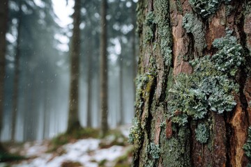 Obraz premium Close-up of a pine tree trunk in a misty forest, covered in moss and frost