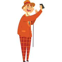 Elderly Man in Vibrant Orange Suit and Plaid Pants Takes a Selfie with a Smile and Victory Signs on a Transparent Background