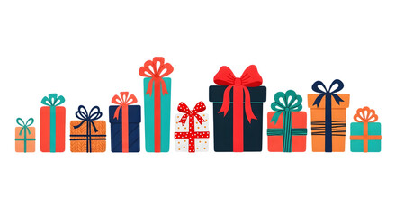 A collection of colorful and festive gift boxes with ribbons and bows, arranged in a line on a transparent background